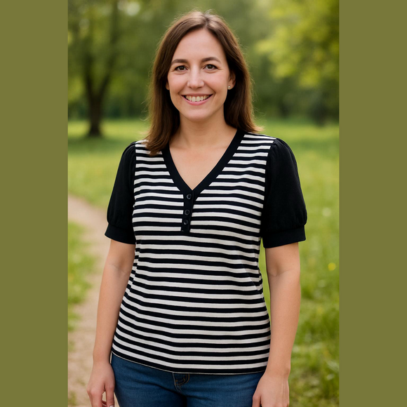 Cato Sweaters - Cato Striped V-Neck Top w/Solid Puff Sleeves. P2P 22-26” Length 25” SIZE XL EUC